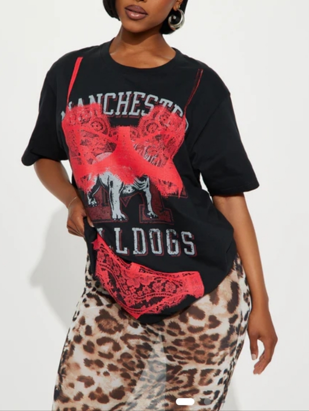 Black Graphic Bulldogs Tee with Red Lace Print